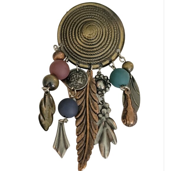 Bronze Tone Tribal Feather Bull Charm Dangles Round Bar Pin K30 - Picture 1 of 9
